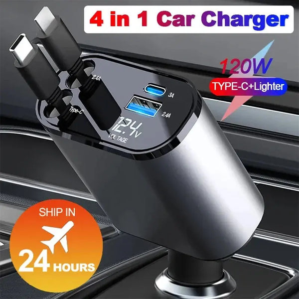 4 in 1 120W Car Charger Retractable Car Cigarette Lighter Adapter USB Type C Fast Charger Cable For IPhone Xiaomi Huawei Samsung Shop&Go